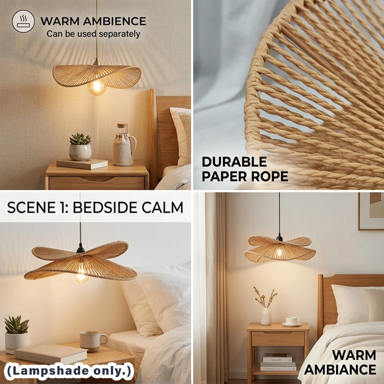 Hand‑Woven Rattan Leaf Lamp Shade, 2‑Tier Sculptural Wicker Replacement Lampshade for Pendant Light, Bohemian Coastal LightCover