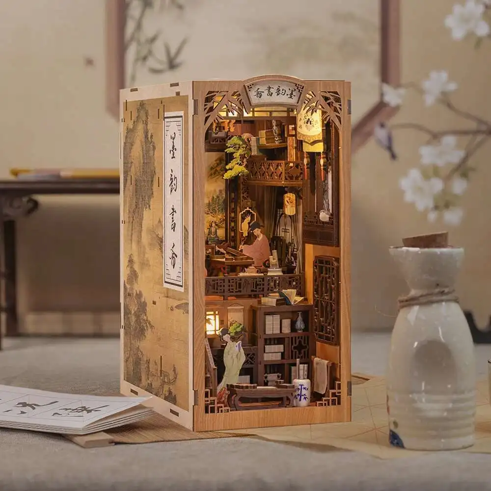 

Book Nook Dollhouse Kit With Touch Light Dust Cover DIY Miniature Doll House Toys For Birthday Gifts Ink Rhyme Bookstore