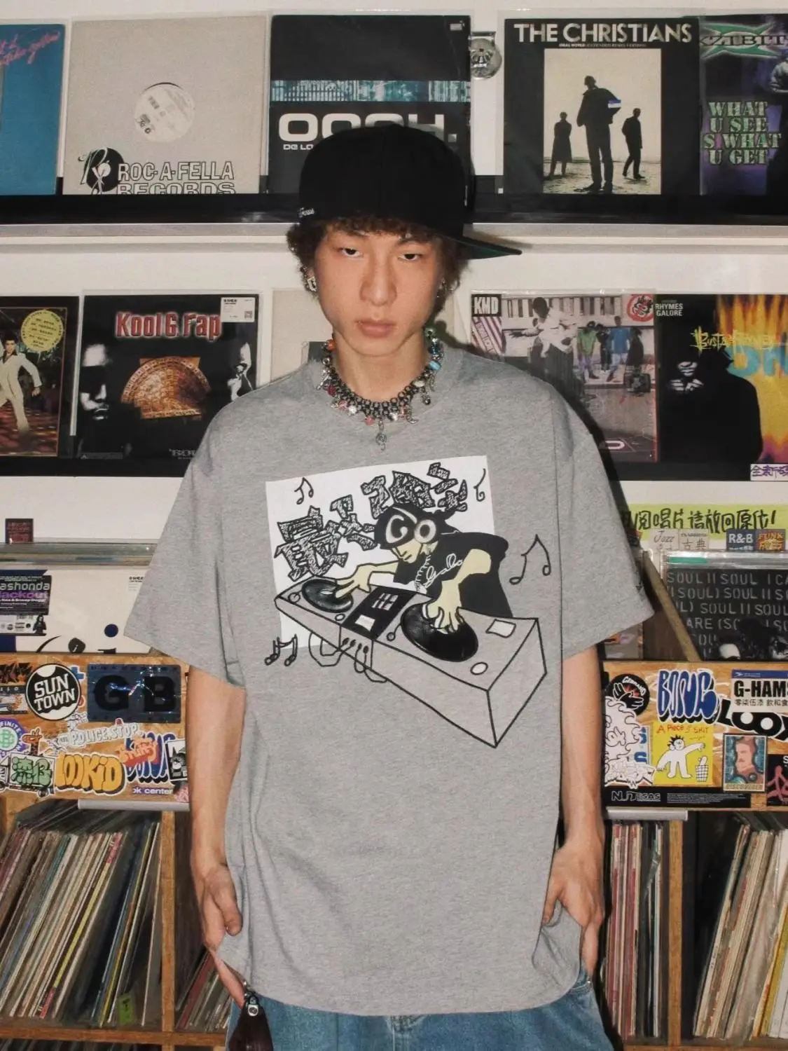 Camiseta Record En Coton O Tendance Rétro Imprimé Américain À Manches Courtes Pur Coton Hip Hop