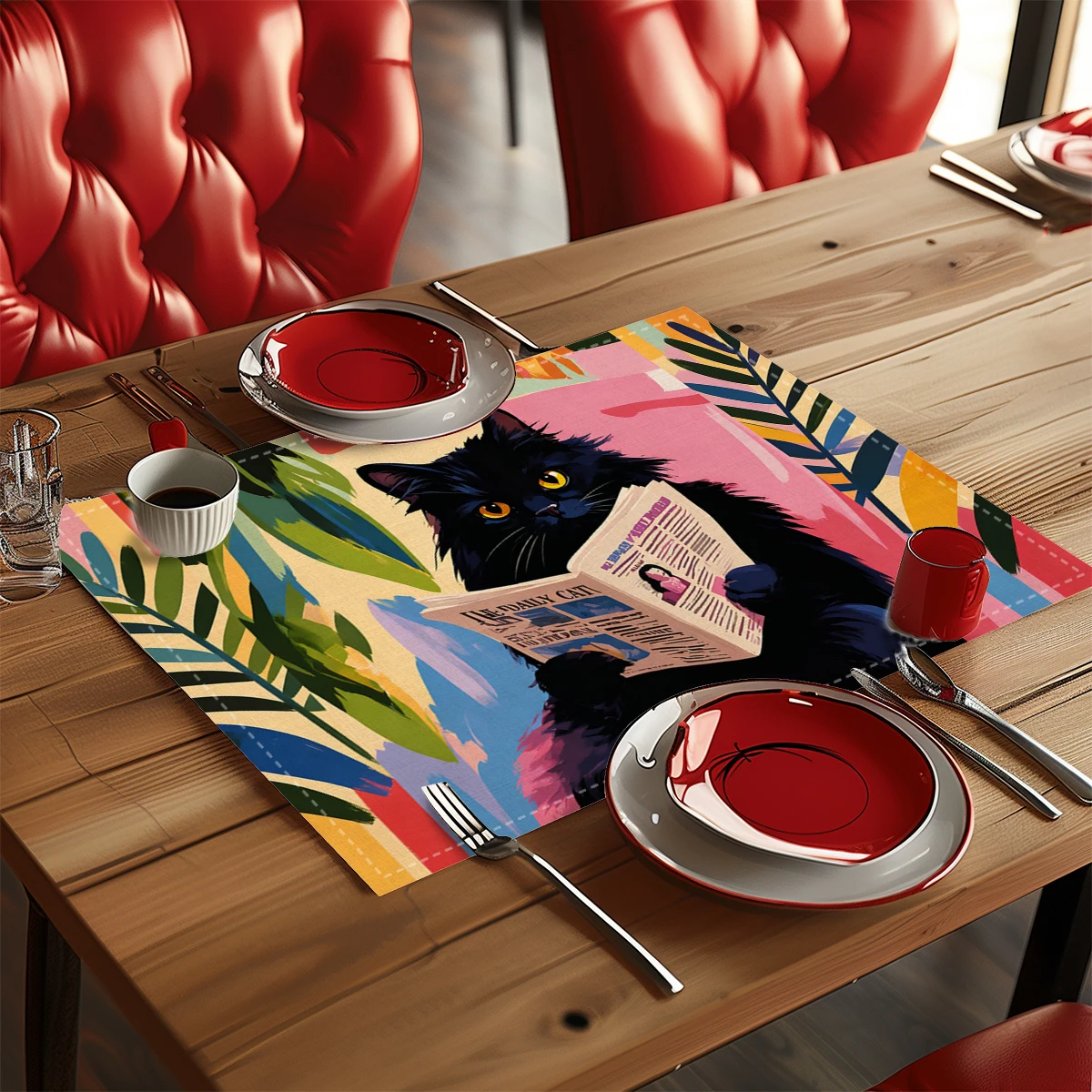 Cute Snorkeling Cat Underwater Pattern Polyester Placemats & Coasters - Fun Table Decor for Home Dining, Kitchen and Daily Use