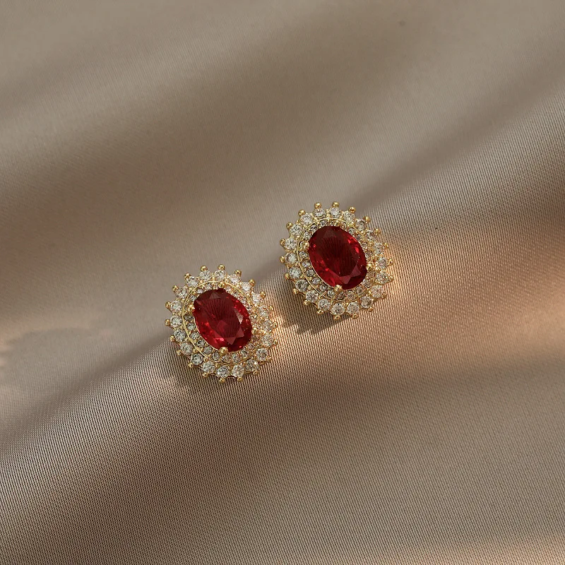 Elegant Red Stone Zircon Stud Earrings for Women Girls Fashion Ear Accessories Gifts party