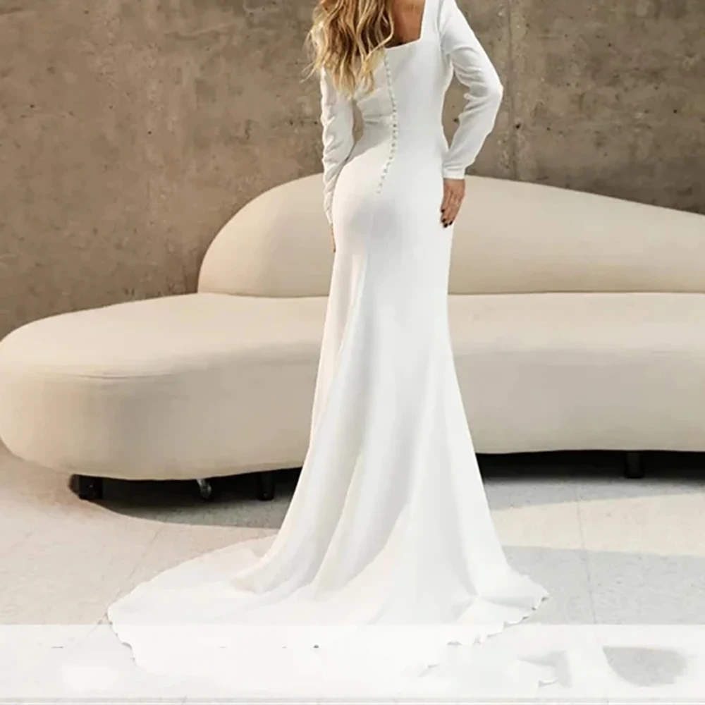 Elegant Simple Satin Wedding Dresses Long Sleeves Solid Ivory Mermaid Square Collar Bridal Party Gowns 2025 Customized