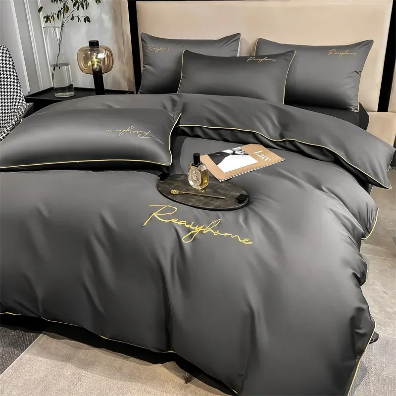 Luxury 60's Long Pile 100% Cotton Duvet Cover Set Embroidered Fall Winter Quilt Cover Solid Egyptian Cotton 2pcs pillowcases