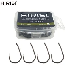 Hirisi 50pcs PTFE Coated High Carbon Stainless Steel Barbless Fish Hook With Eye 8020 Fishing Accessories