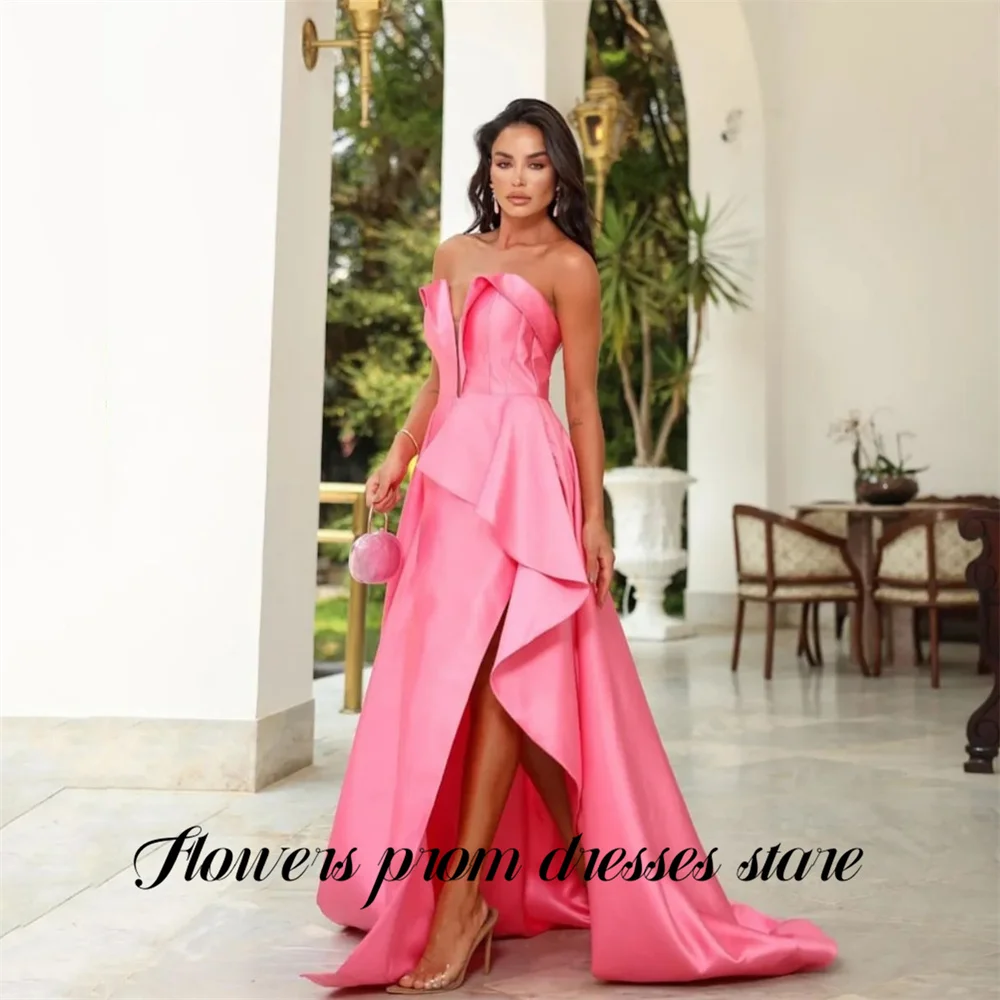 

Flowers Pink V Neck Party Dress Asymmetric Ruffled Night Dress with Side Slit Prom Dress for Woman Satin 프롬 드레스 Customized