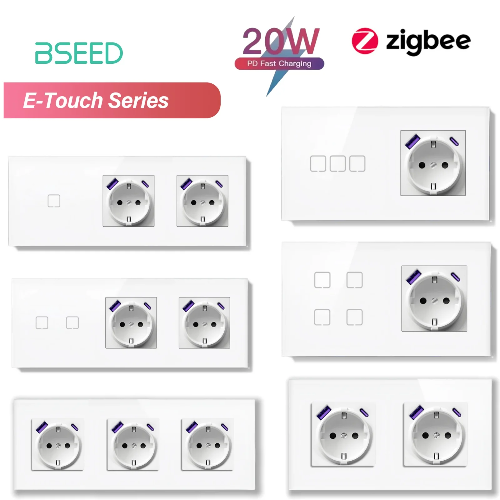 

BSEED 1/2/3/4Gang Zigbee сенсорный переключатель стекло с USB-C розетками европейского стандарта 20 Вт умный настенный выключатель с сенсорным экраном подсветка серии E