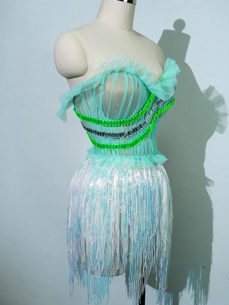 

Sexy Green Crystal Skirt Tassels 2 Piece DJ Latin Dance Stage Performance NightClub Drag Queen Costume Gogo Clothes Celebrate