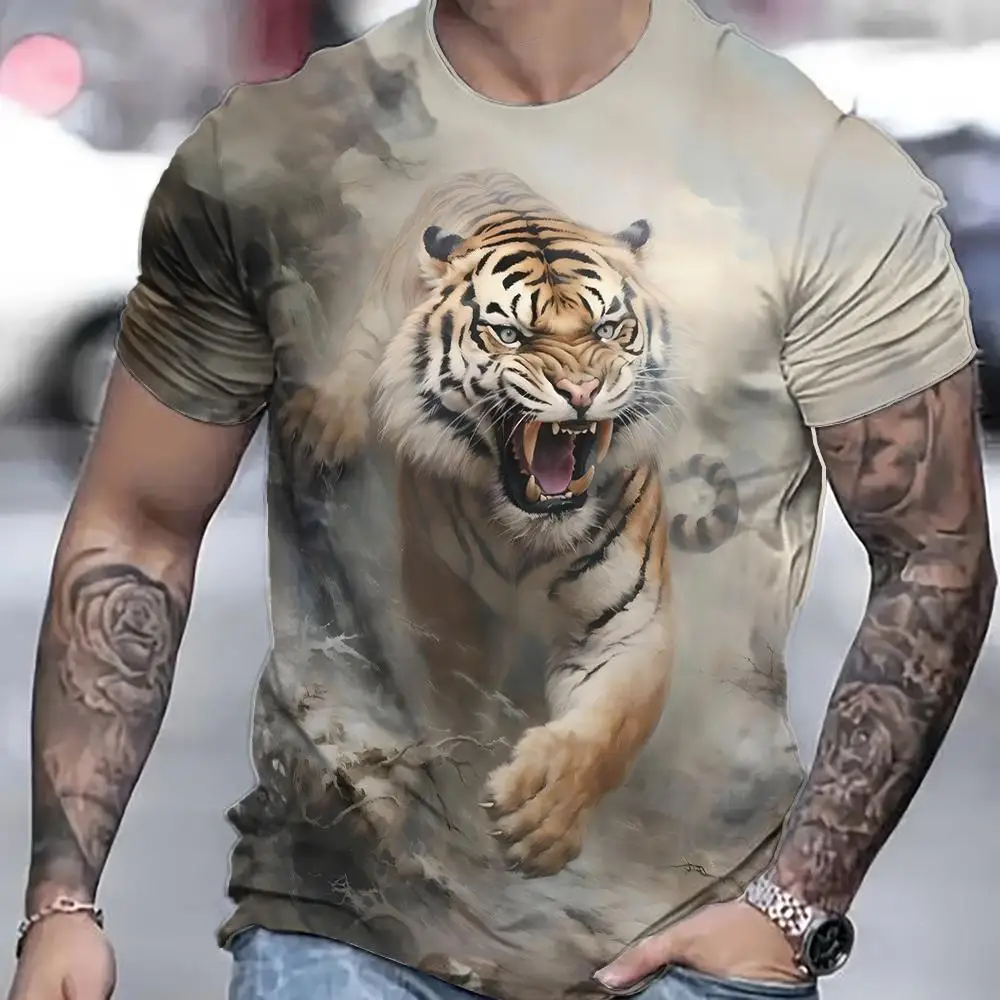 Tiger T-Shirt For Men 3D Animal 3D Print Men\'s Shirts Summer Short Sleeved Tee Male Pullover Oversized Top Casual Men\'S Clothing