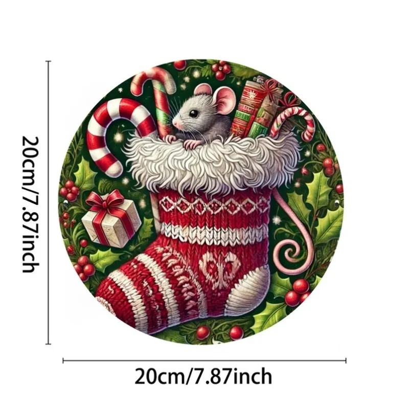 2D Flat, A 2D Printed 1pc Round Red Christmas Stocking Wooden Art Piece Featuring a Santa Hat and Candy Cane Design, with a Whit