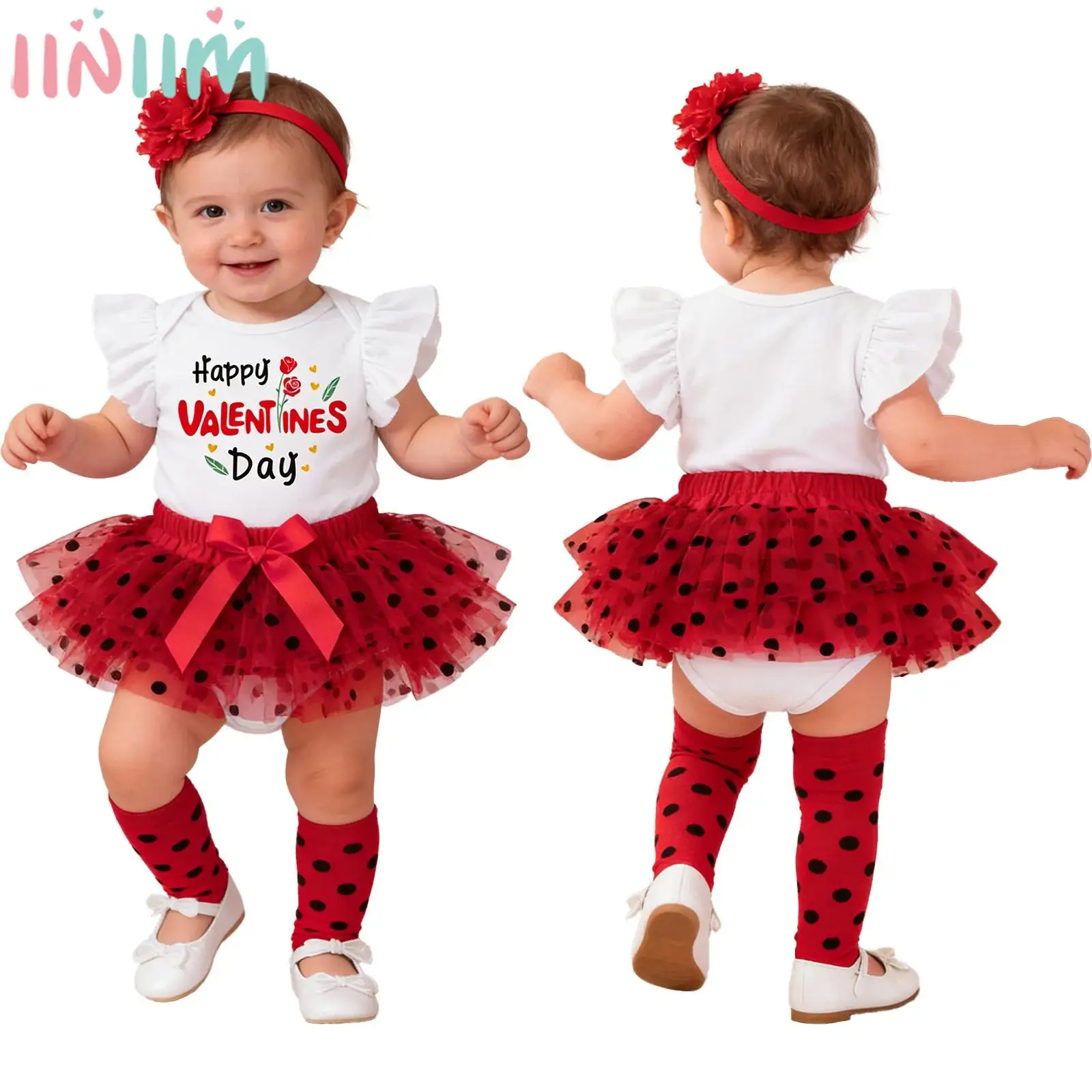 

Baby Girls Cute Valentines Day Costume Letter Print Romper with Bow Dots Tulle Skirt Headwear for Birthday Party Photo Shoot