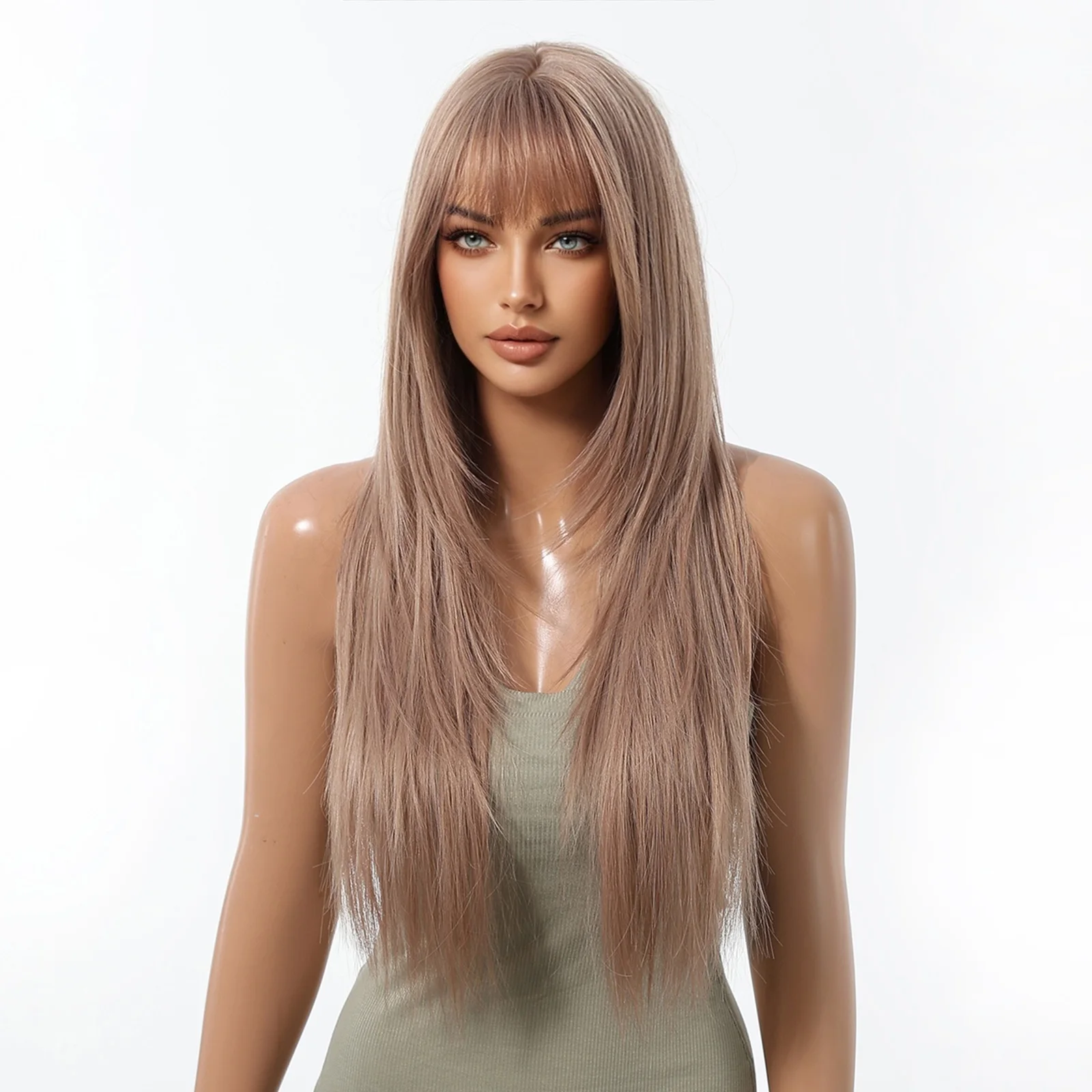 Synthetic Layered Wig Long Rose Gold Straight Wigs with Bangs Blonde Cosplay Party Natural Hair Wigs for Women Heat Resistant image 4