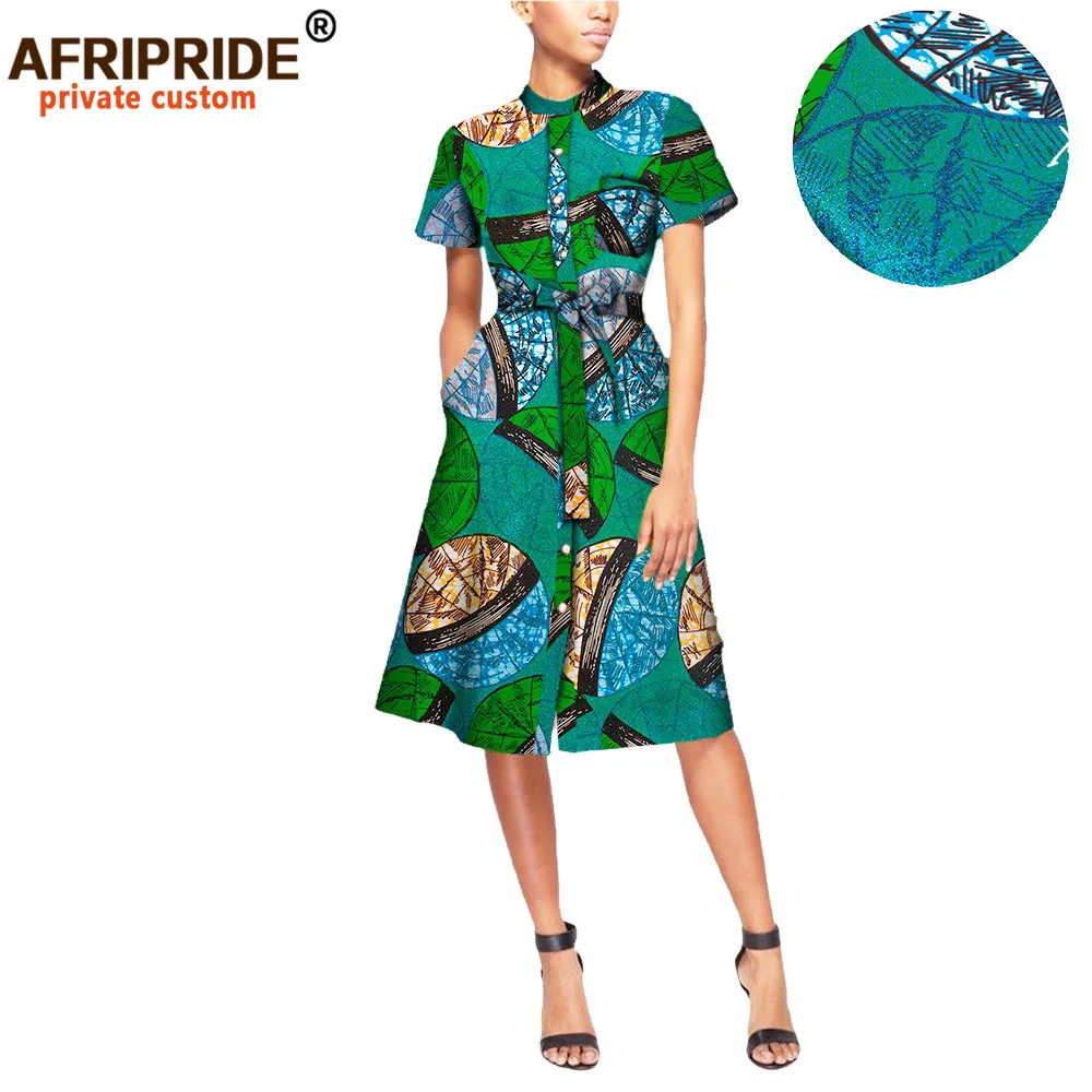 African Dresses for Women Casual Wear Plus Size Private Custom Short Sleeve Knee-length Button Dress with Sashes A7225109