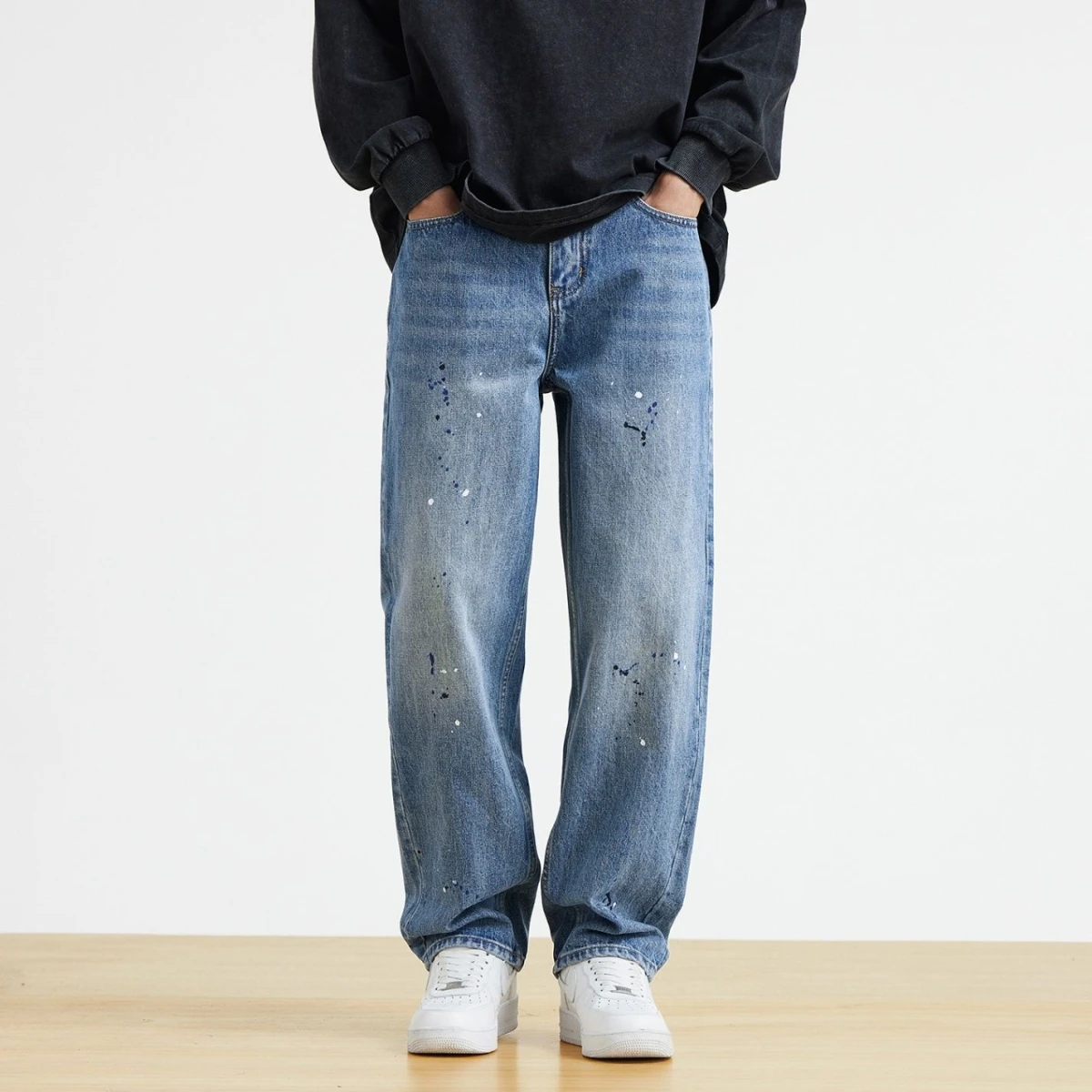 

Мужские джинсы в стиле ретро с эффектом распыления краски, прямые, свободные, узкие штанины, повседневные, универсальные, модные, из хлопка с эластичной тканью