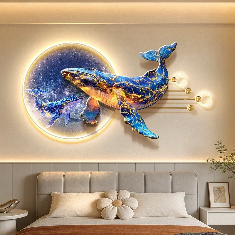 Modern Luxury Whale Bedroom Led Decoration Painting Planet Room Background Wall Hanging Painting Waves Living Room With Lights