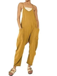 2024 New loose foreign trade women's pure color patch bag zipper jumpsuit suspenders jumpsuit