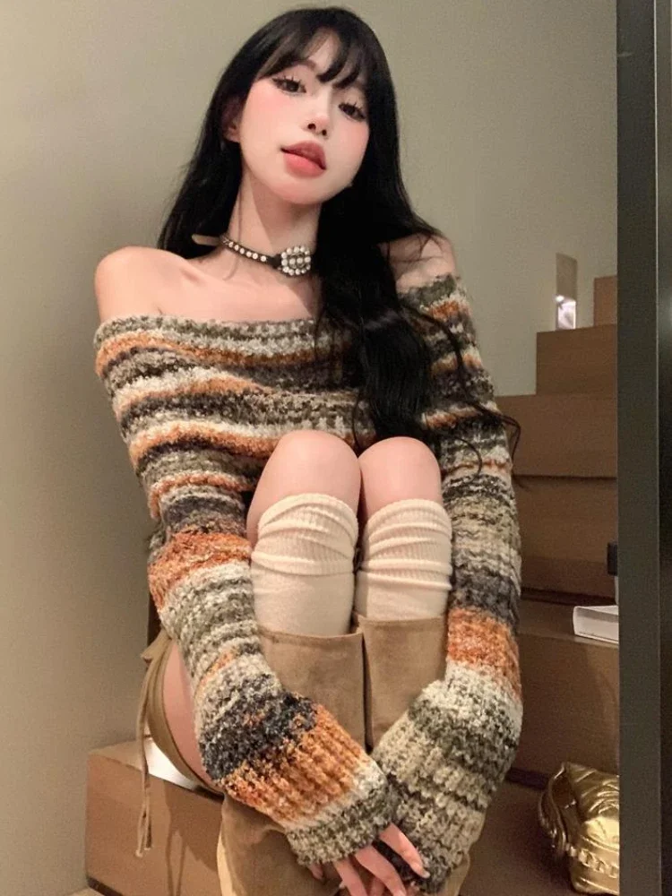 Deeptown Y2K Vintage Striped Cropped Sweater Women Harajuku Hip Hop Slim Knitted Jumper Sweet Off Shoulder Pullover Korean Tops