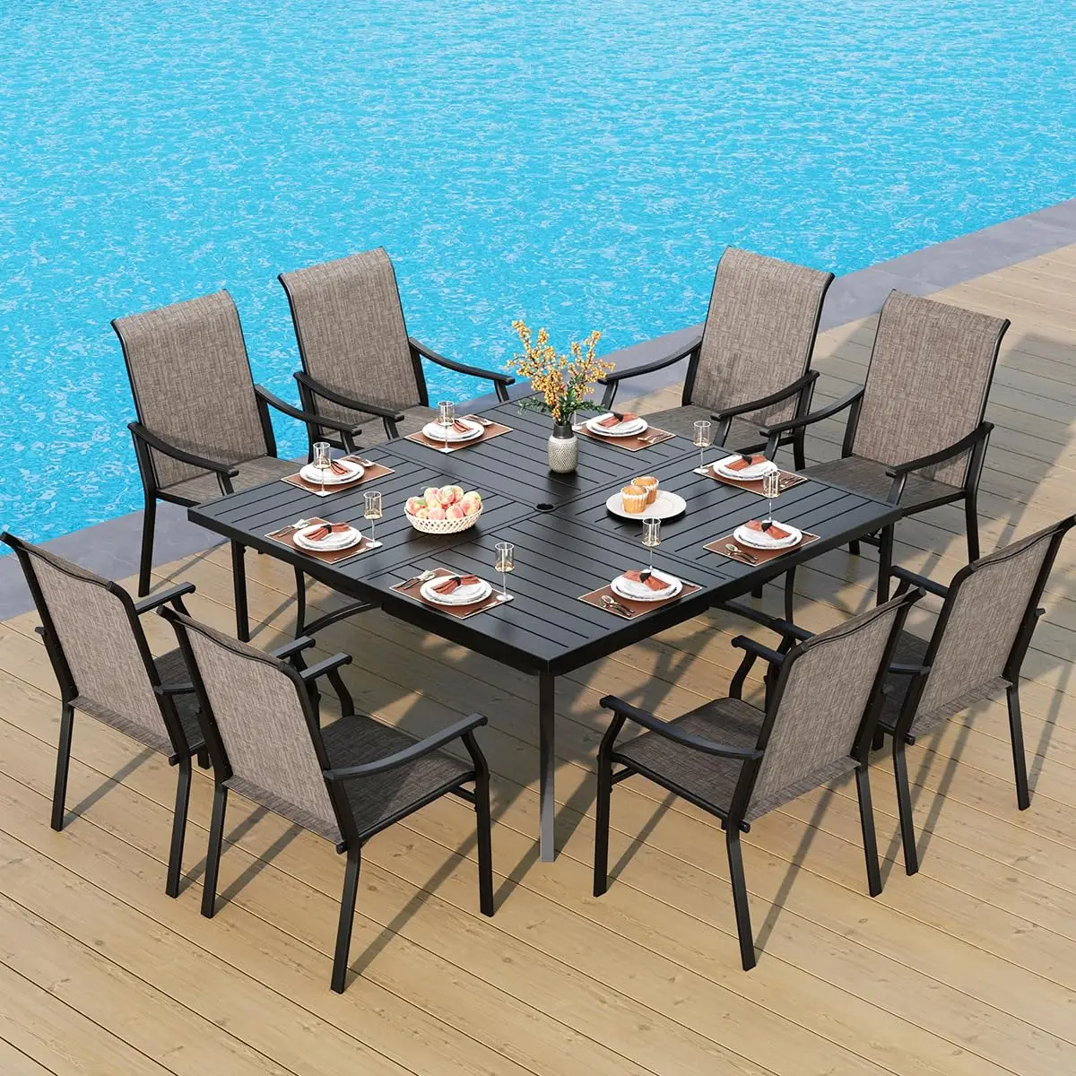 

Patio Dining Set for 8,Extra Large Square Metal Table with 1.9" Umbrella Hole and 8 Textilene Dining, Customized