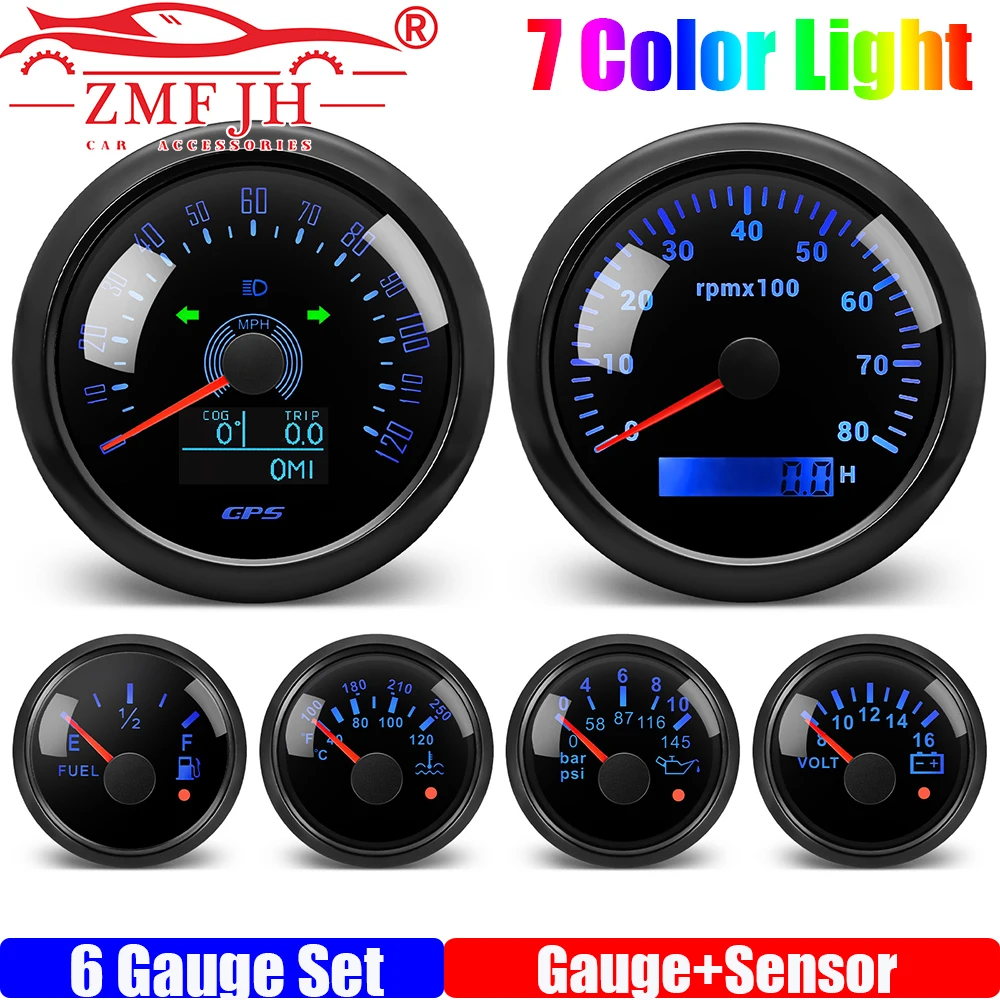 

6 Gauge Set 85mm GPS Speedometer Gauge Tachometer 52mm Fuel Level Gauge Oil Pressure Meter Water Temp Meter Voltage with Sensor