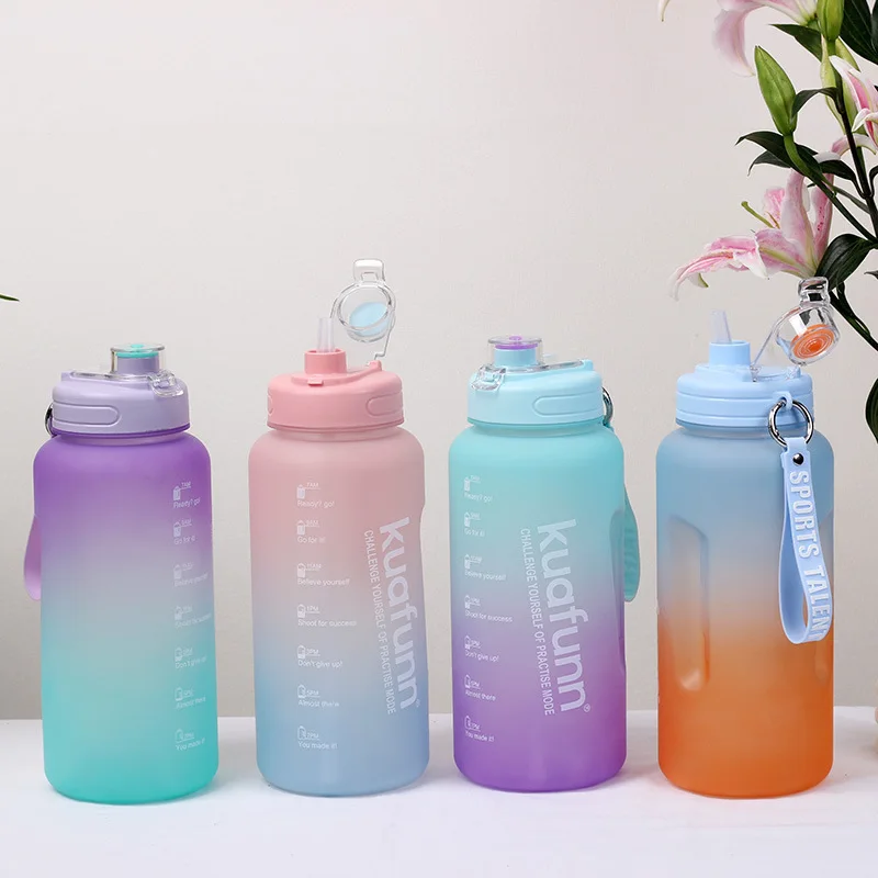 

Large Capacity Water Bottle 2L Plastic Water Cups With Time Marker Outdoor Fitness Sports Bottle Kettle Straw Cup Gradient Color