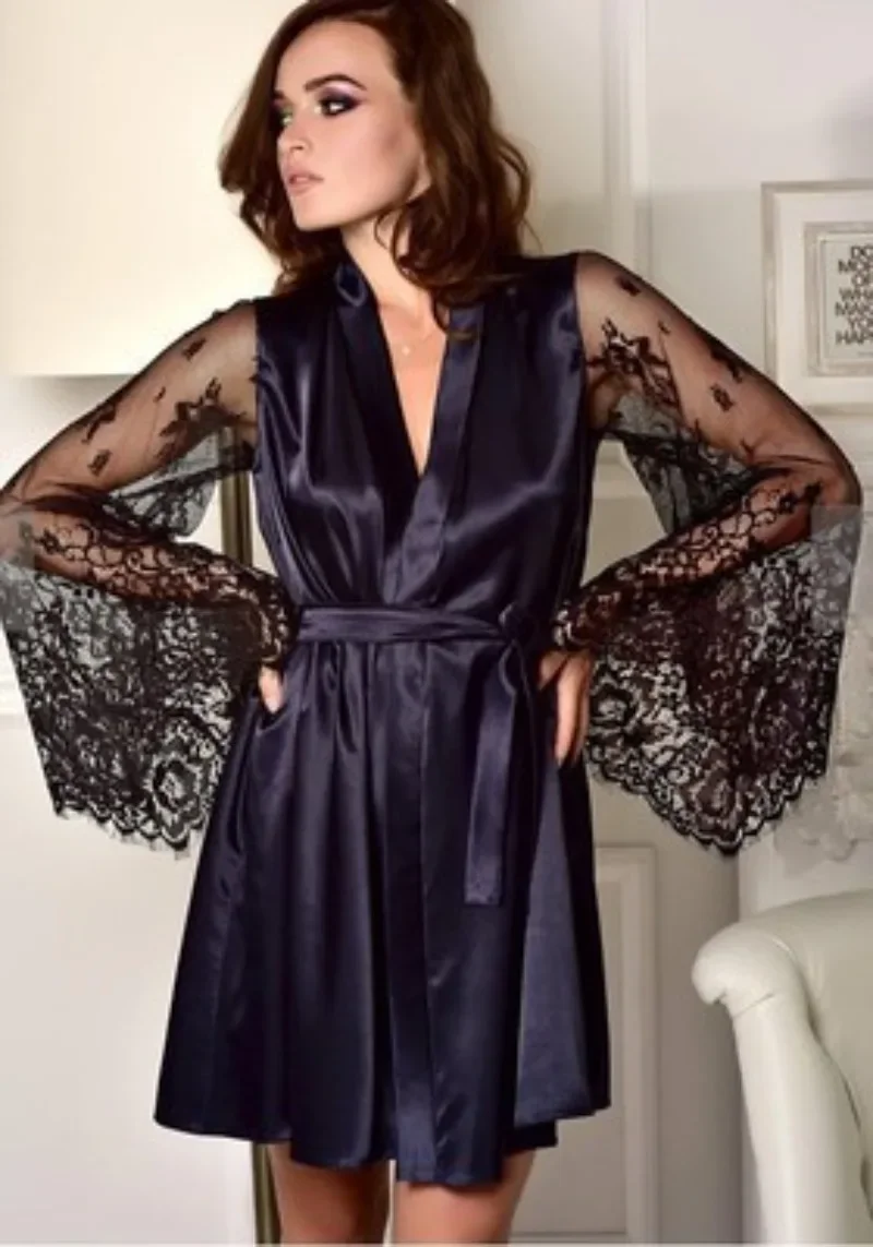 Lace See Through Long Sleeved Ice Silk Like Nightgown Women's Robes Home Wear Sexy Lingerie Women's Pajamas Dress Nighty Set