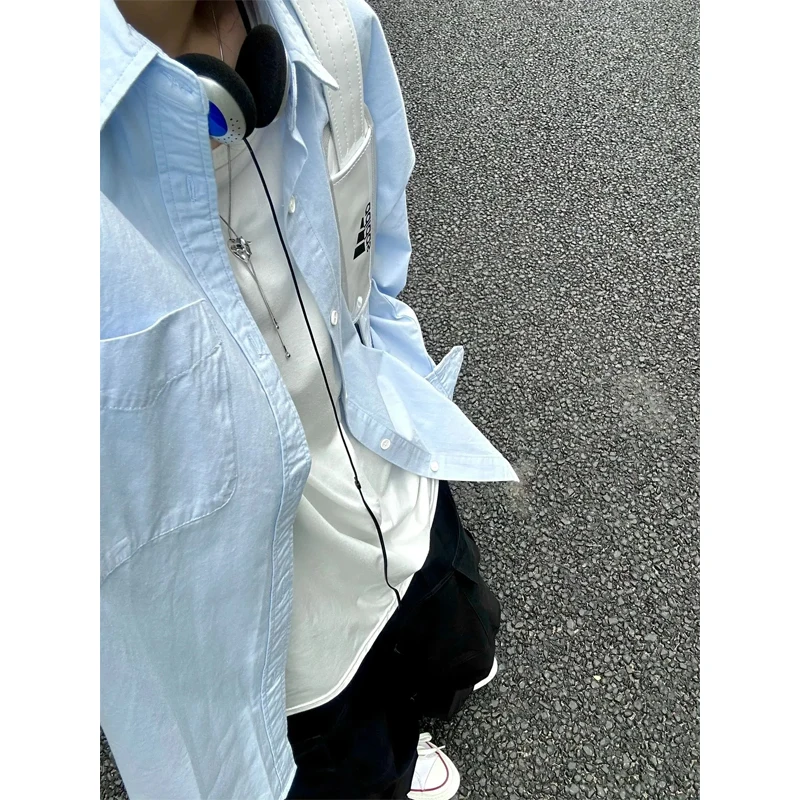 

Light Blue Youthful Feeling Men's irt Clean Cut Oversize Jaet Spring Season Long Sve arp Collar Color Faionable