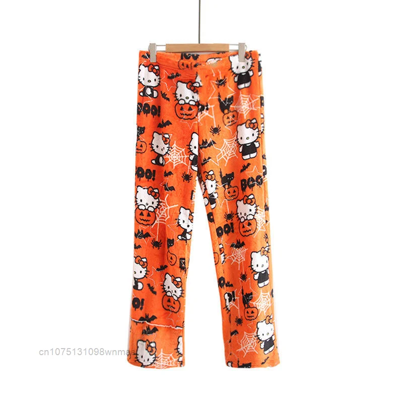 Halloween Pumpkin Hello Kitty Fashion Plush Fuzzy Casual Pants Y2k Girls\' Cute Cartoon Pajama Pants Autumn Home Trousers Gifts