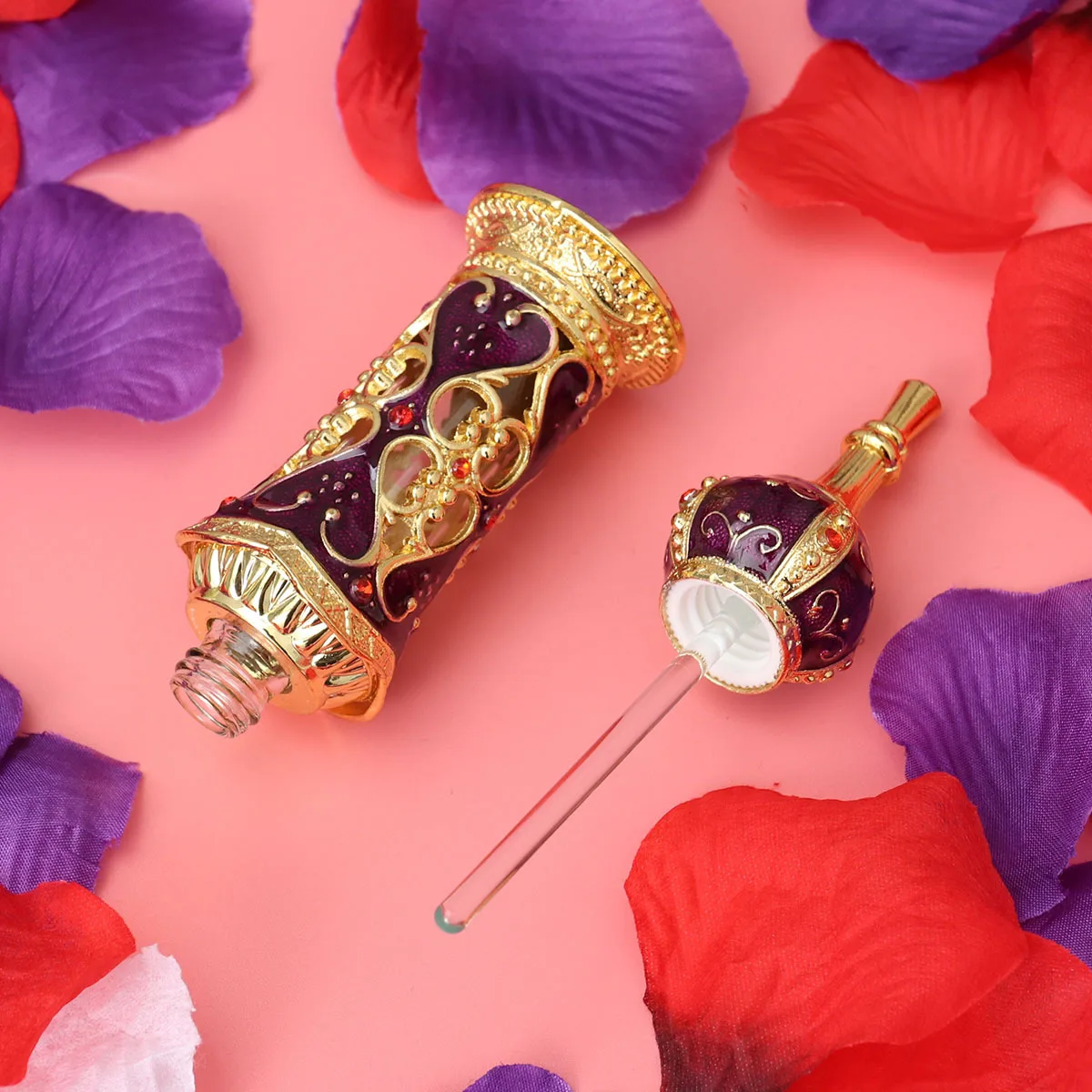 

Women Perfume Bottle Middle Eastern Style Retro Flower Vine Glass Essential Oil Bottle Wedding Decoration Gold Purple