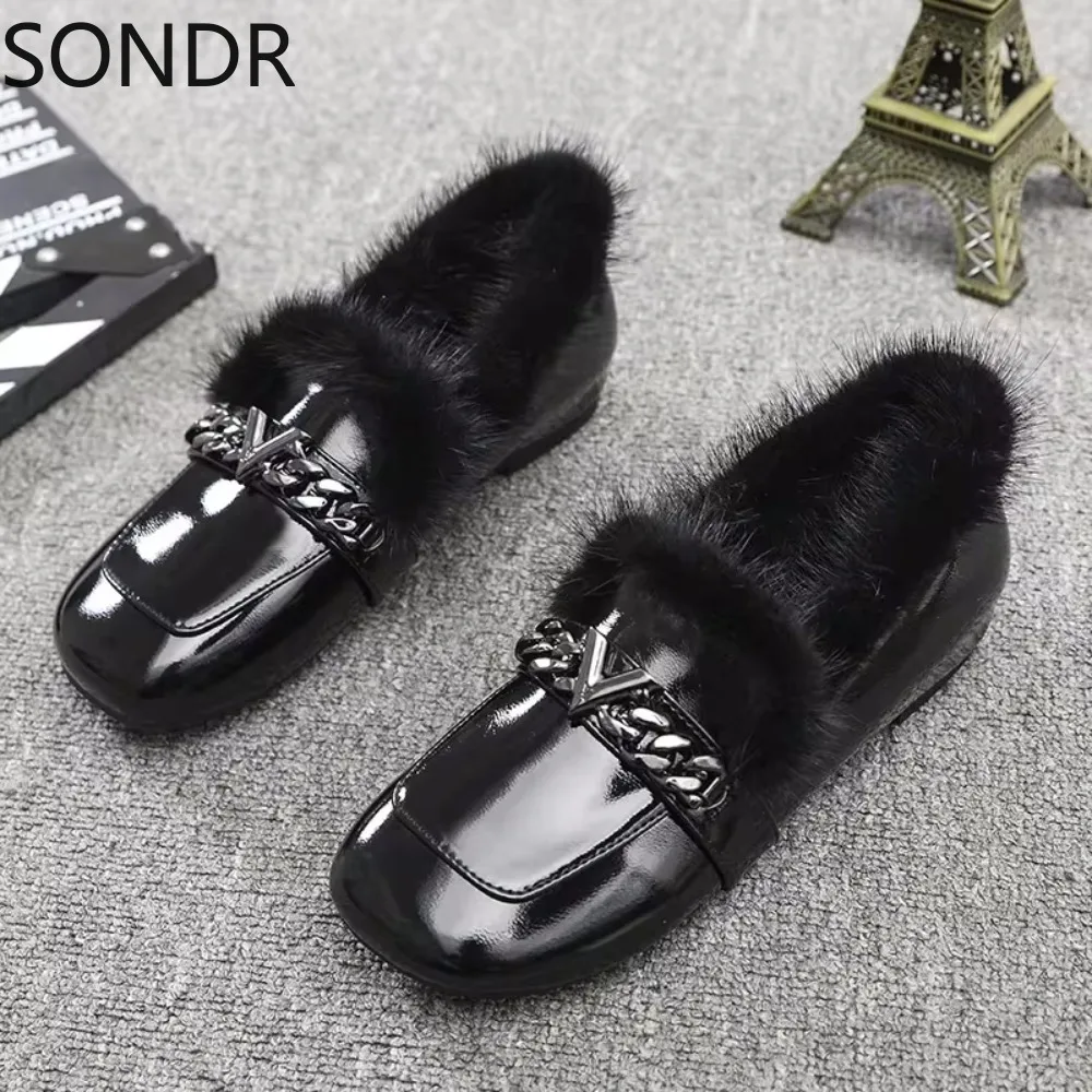 Womens Round Toe Real Mink Fur Loafers Metal Decor Warm Winter Slip on Shoes Low Heel New 2024