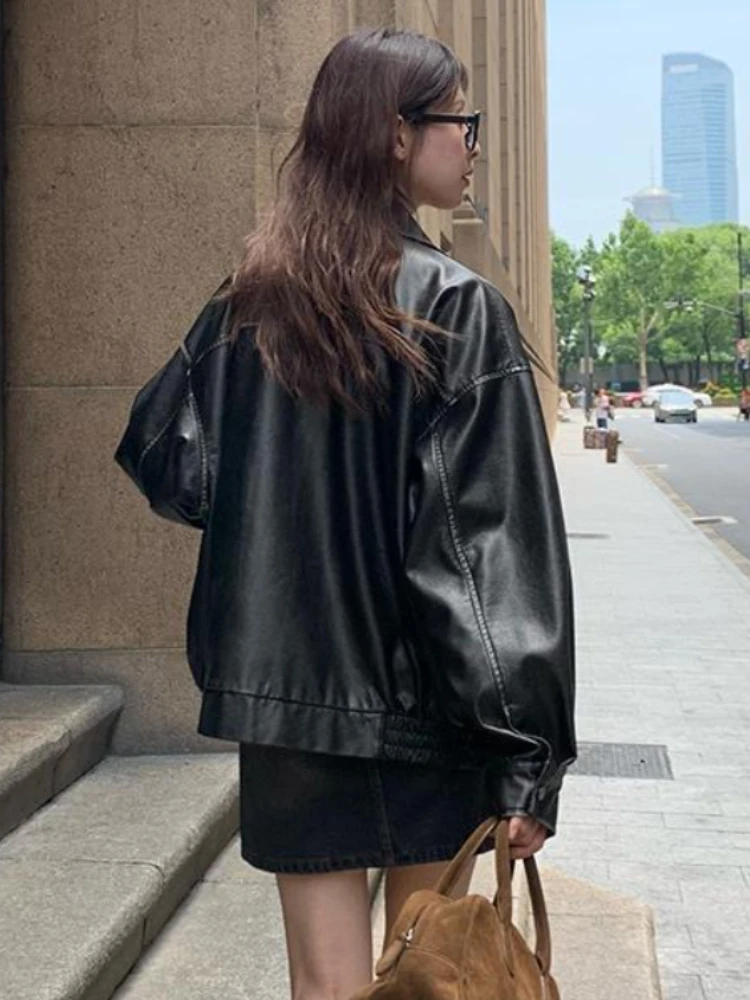 Vintage Short Leather Moto Jacket Winter Warm Women Loose Leather Suit Blazers Streetwear Female Fashion Korean Thin Biker Coats