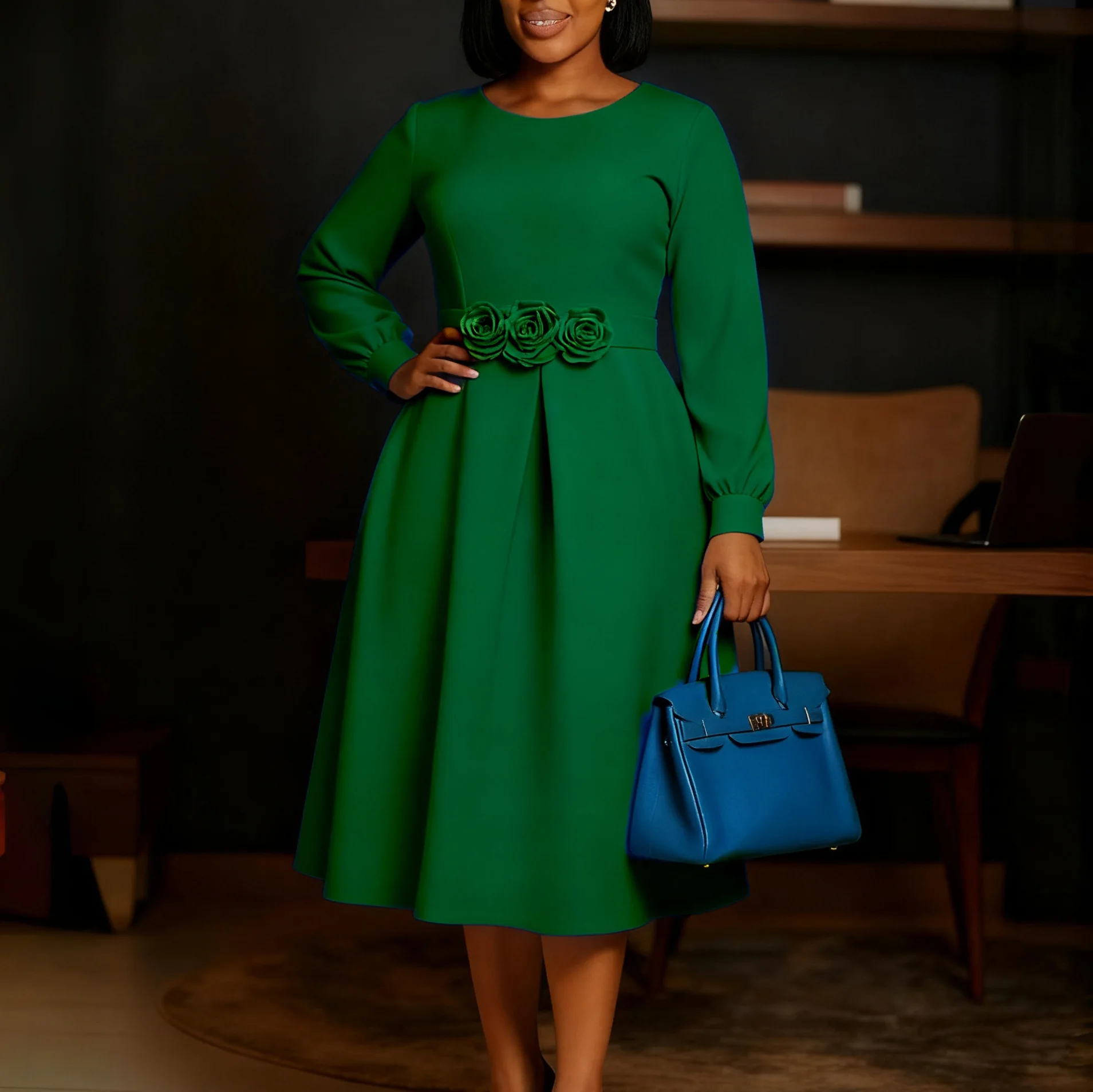 

Autumn Winter Fashion African Women Long Sleeve O-neck Polyester High Waist Party Evening Midi Dress Dashiki African Dresses