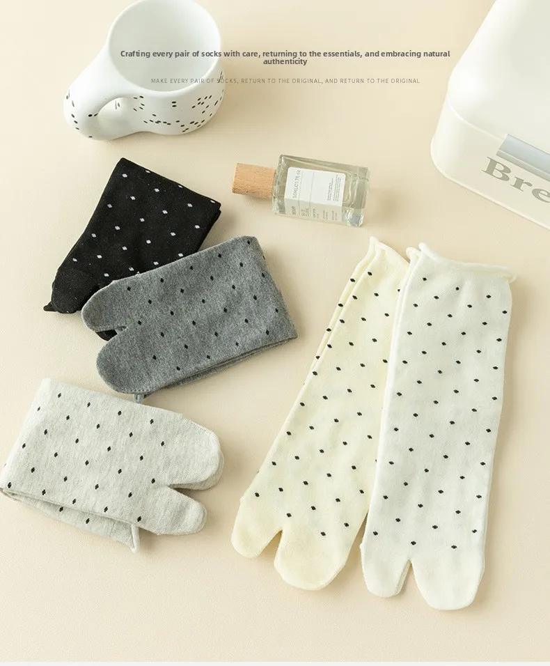 Polka Dot Tabi Zehensocken Damen Baumwolle Einfarbig Japanische Kimono Flip-Flop-Sandalen Split-Socken Mittel Schwarz Weiß Zwei-Zehen-Socken Finger – Detail 4