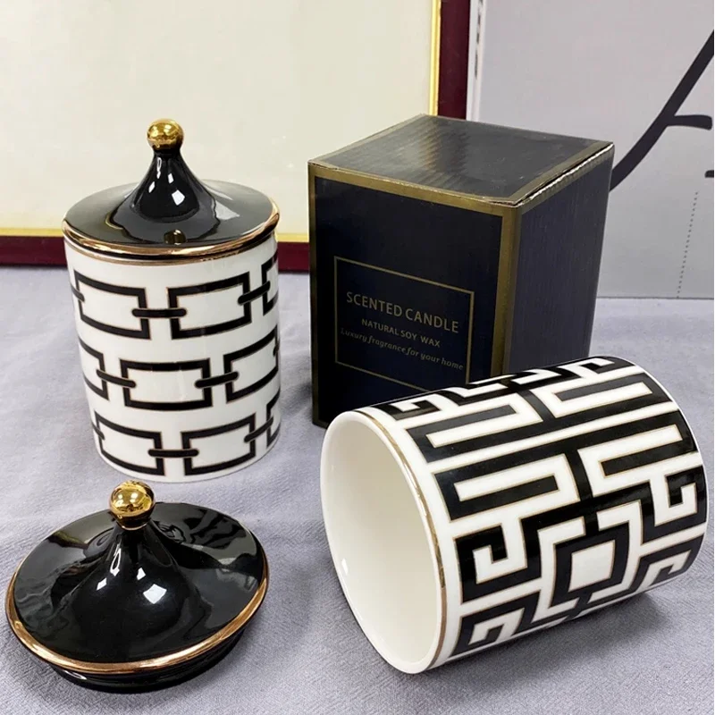 

Geometric Scented Candle Jar Art Labyrinth Stripe Ceramic Storage Jar Biscuit Candy Storage Bottle Food Container Home Decor
