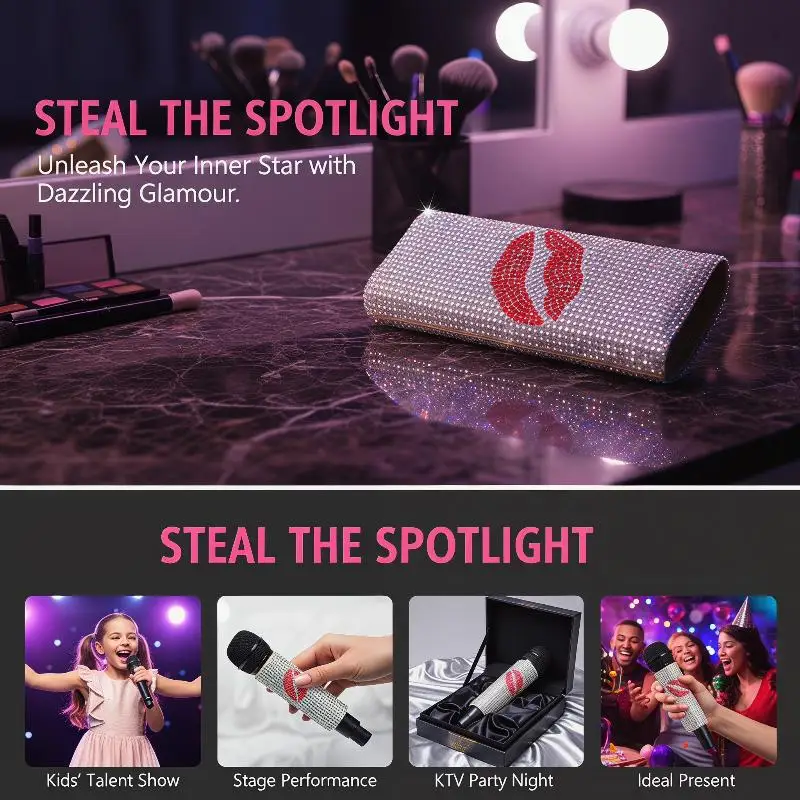 Housse de microphone sans fil décorative et protectrice en strass scintillants pour diffusion en direct, karaoké, spectacles sur scène et fêtes