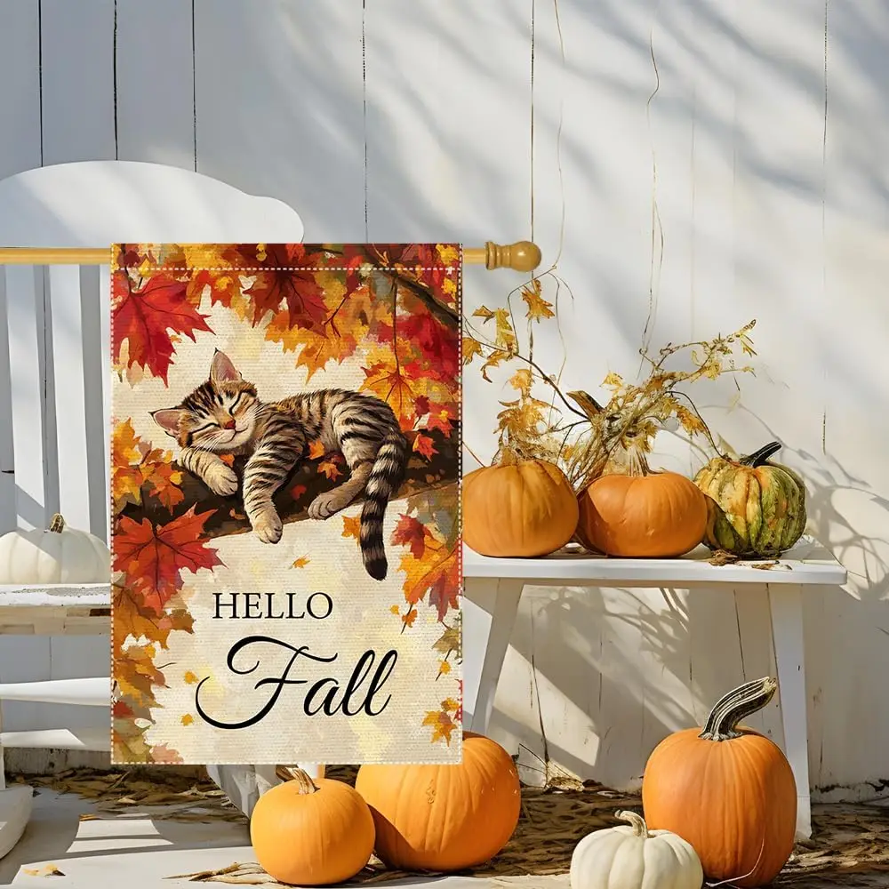 Hello Fall Garden Flag Cat Garden Flags 28X40 Inch Double Sided Vertical Autumn Farmhouse Home Decor Yard Lawn Outdoor Decor cci