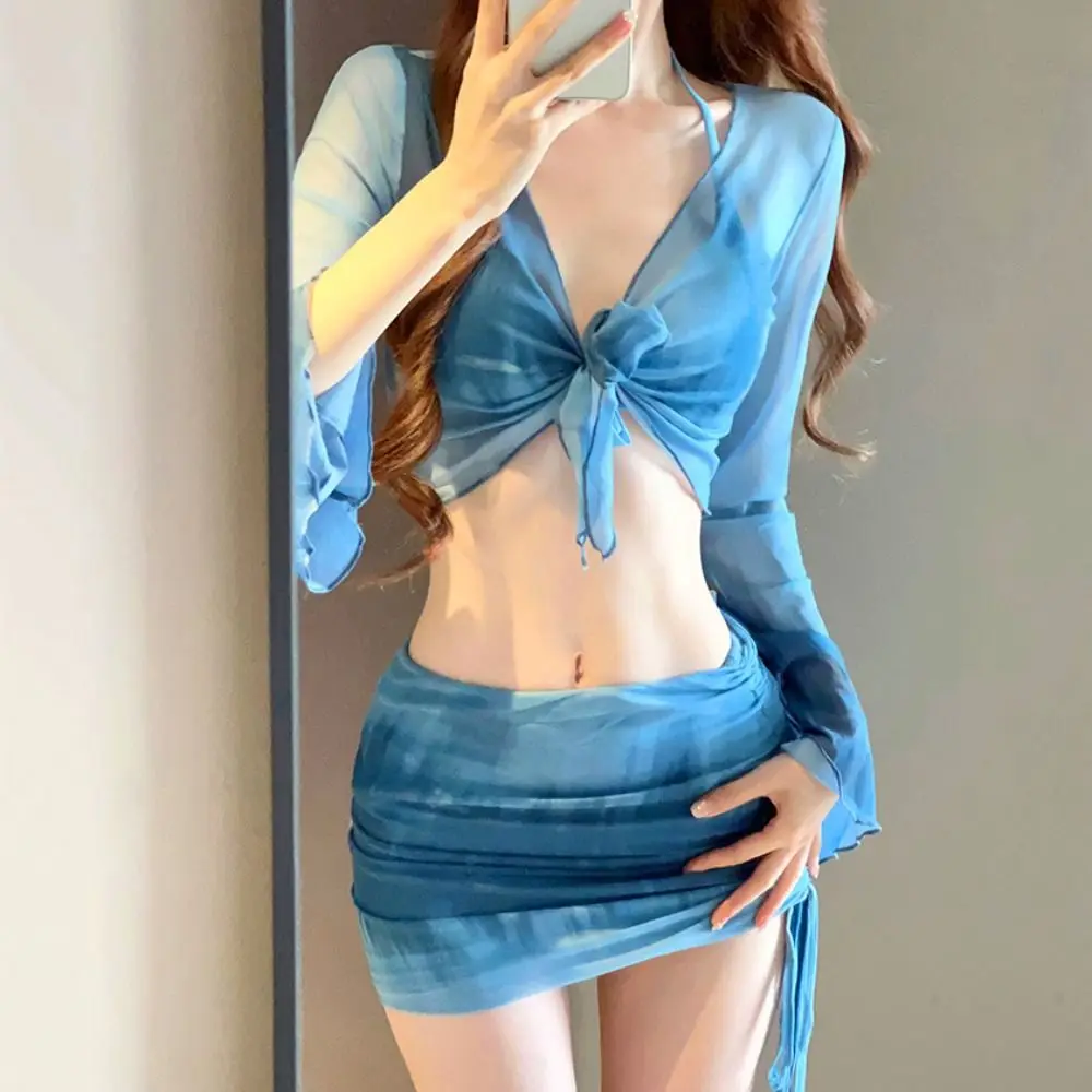 

Модный дизайн Tie Dye Комплект бикини 4-х предметный комплект Плиссированная юбка Купальник Комплект с боковыми рюшами на шнуровке Укороченный топ Купальный костюм Отдых