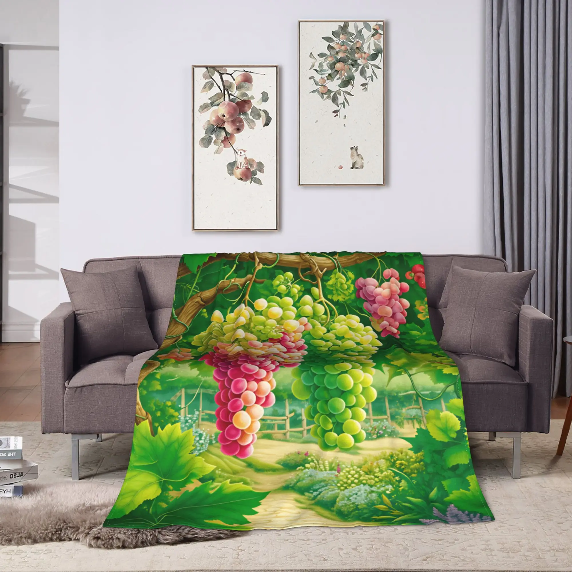 Colorful Grape Vine Path Garden Cartoon Illustration Blanket Spring  Warm Cozy Throw Blanket Bed Flannel Bedspread Bed Cover