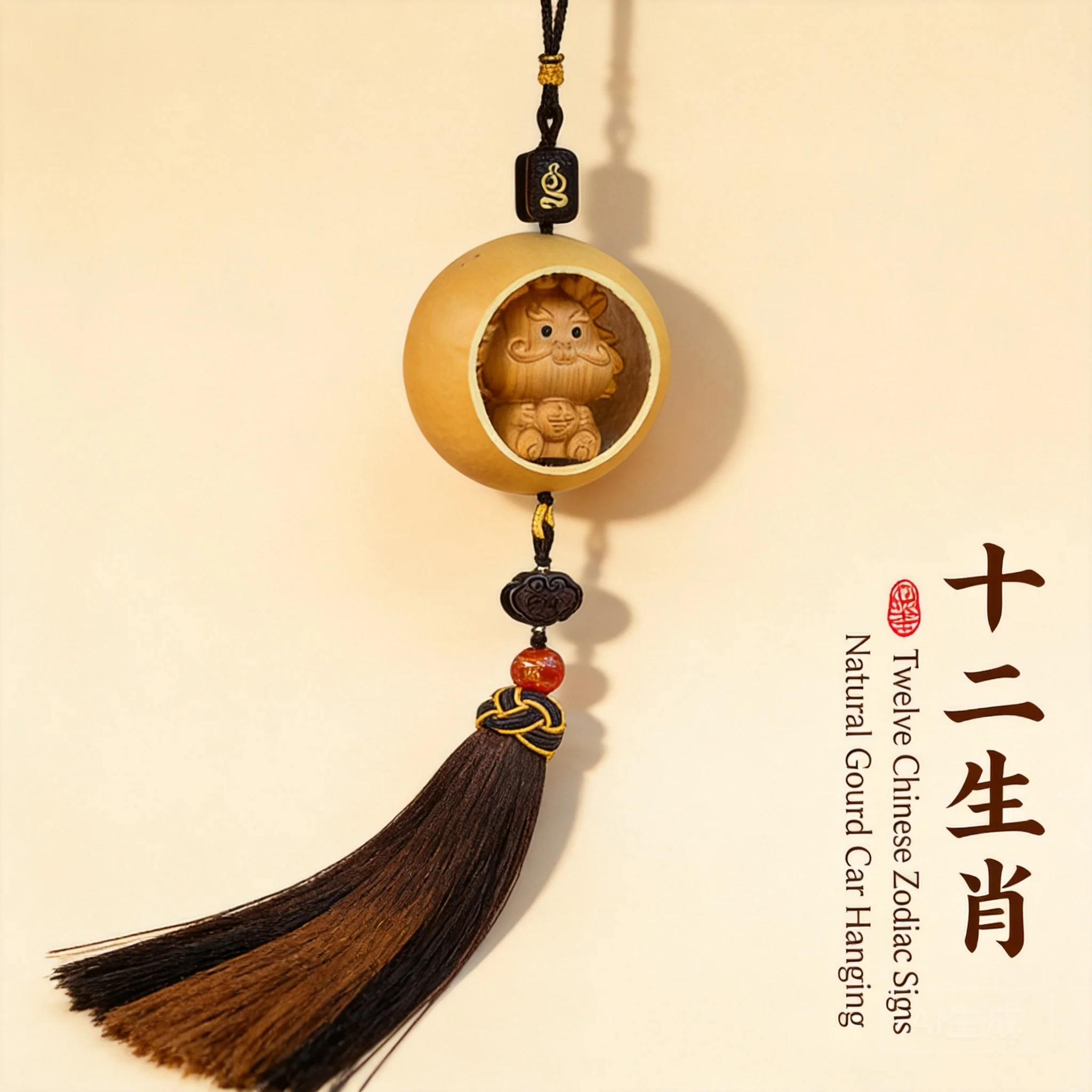 

Chinese Style Good Luck Natural Gourd 12 Chinese Zodiac Car Pendant Wooden Engraved Rearview Mirror Hanging Ornament Wealth Attr