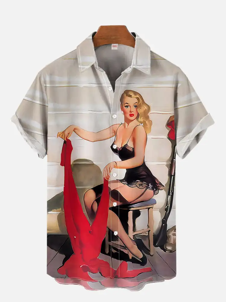 1980s Vintage Pin Up Girl Poster Sexy Girls Blonde Beauty 3D Prints Men\'s Short Sleeved Shirts For Men Fashion Hawaiian Shirt