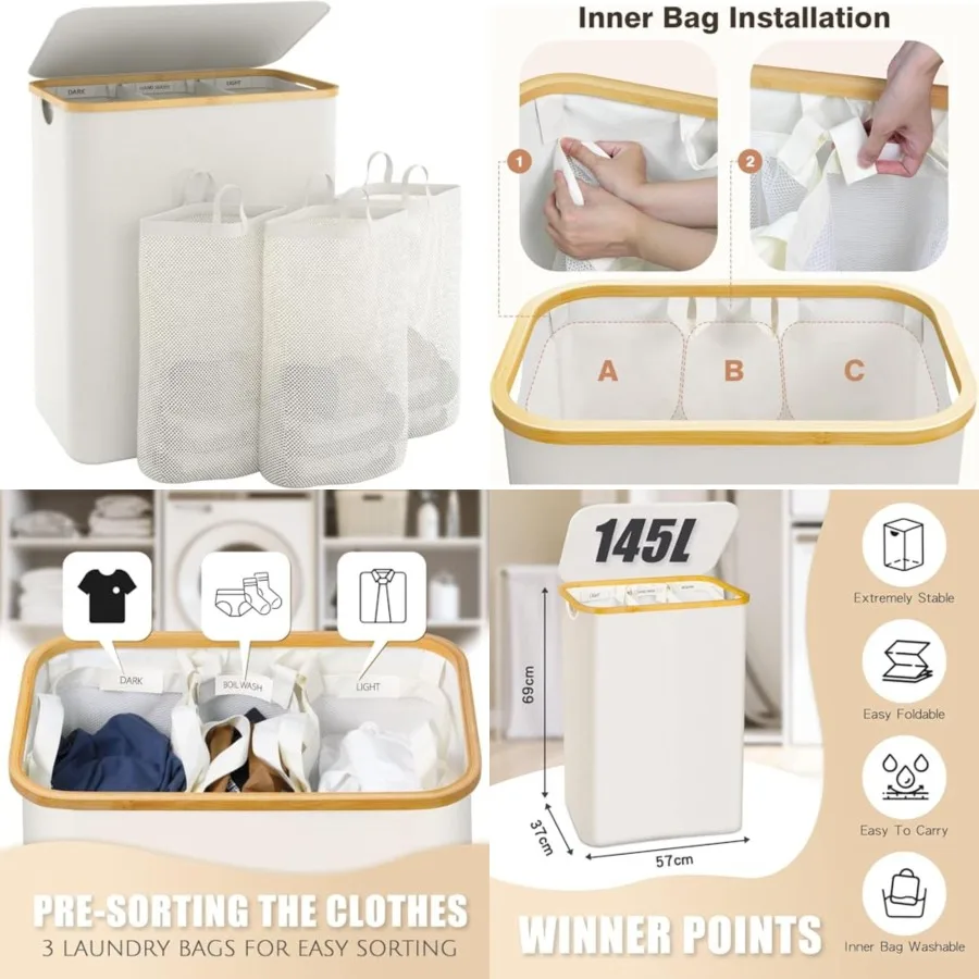 

Extra Large 3 Section Dirty Clothes Laundry Basket with Lid, Dirty Clothes Hampers with Removable Bags for Bedroom and Laundry