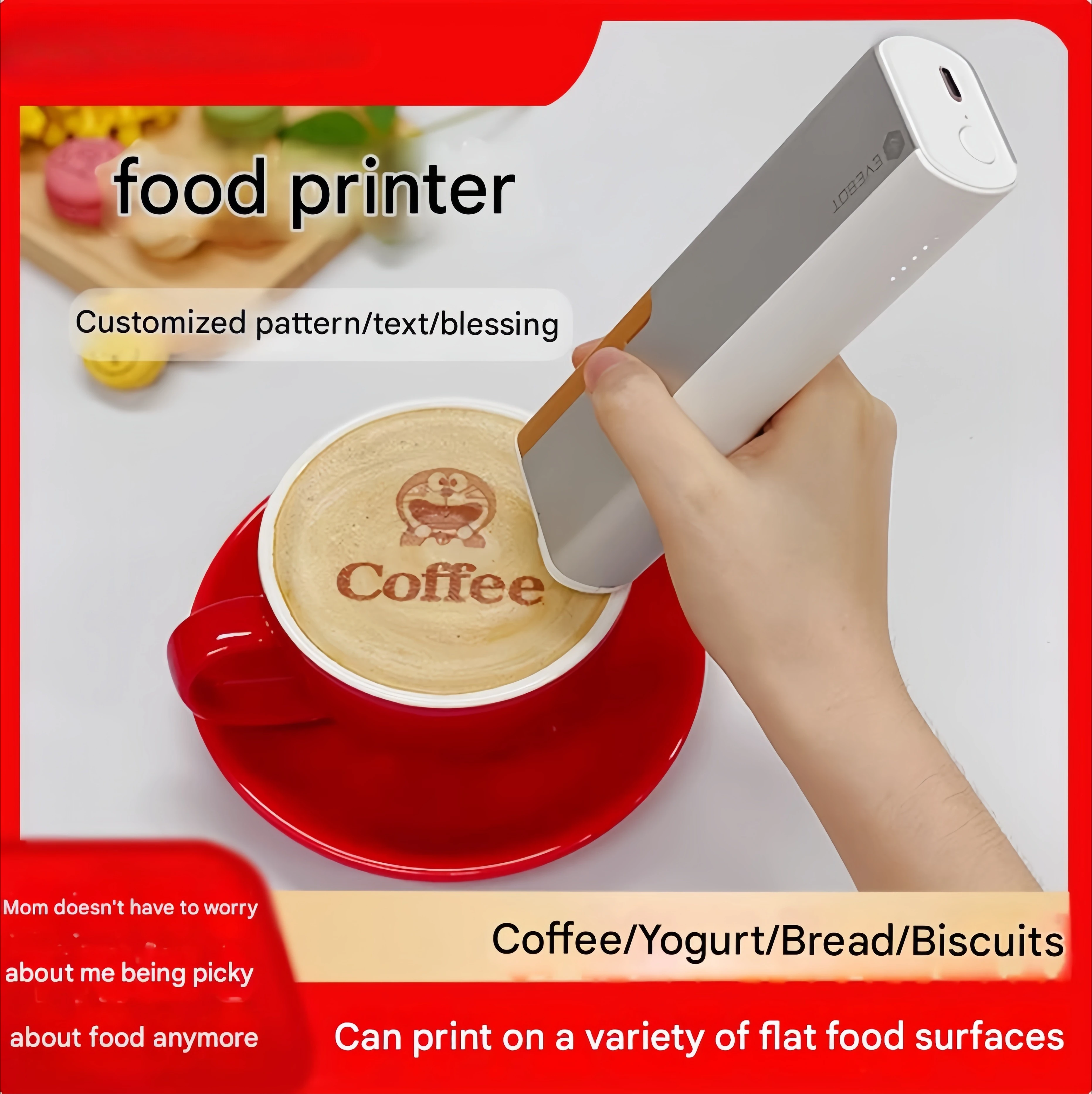 

Цифровой пищевой принтер, автоматический мини-струйный портативный принтер для кофейных тортов и съедобных предметов, портативная ручка для печати на все поверхности