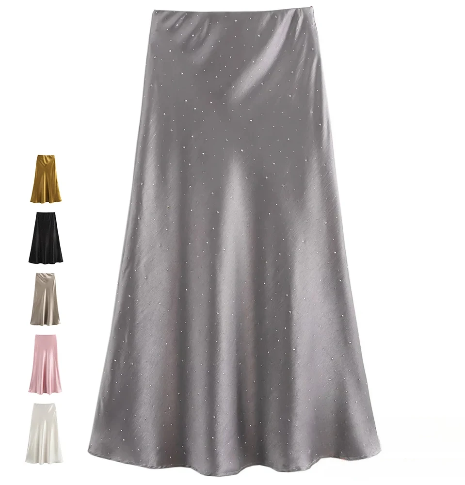 

KONDALA-Women Fall Elegant Satin Skirt Starlight Rhinestone Fishtail Skirt Wrap Hip Skirt New 2025 Spring Summer Dinner Skirt