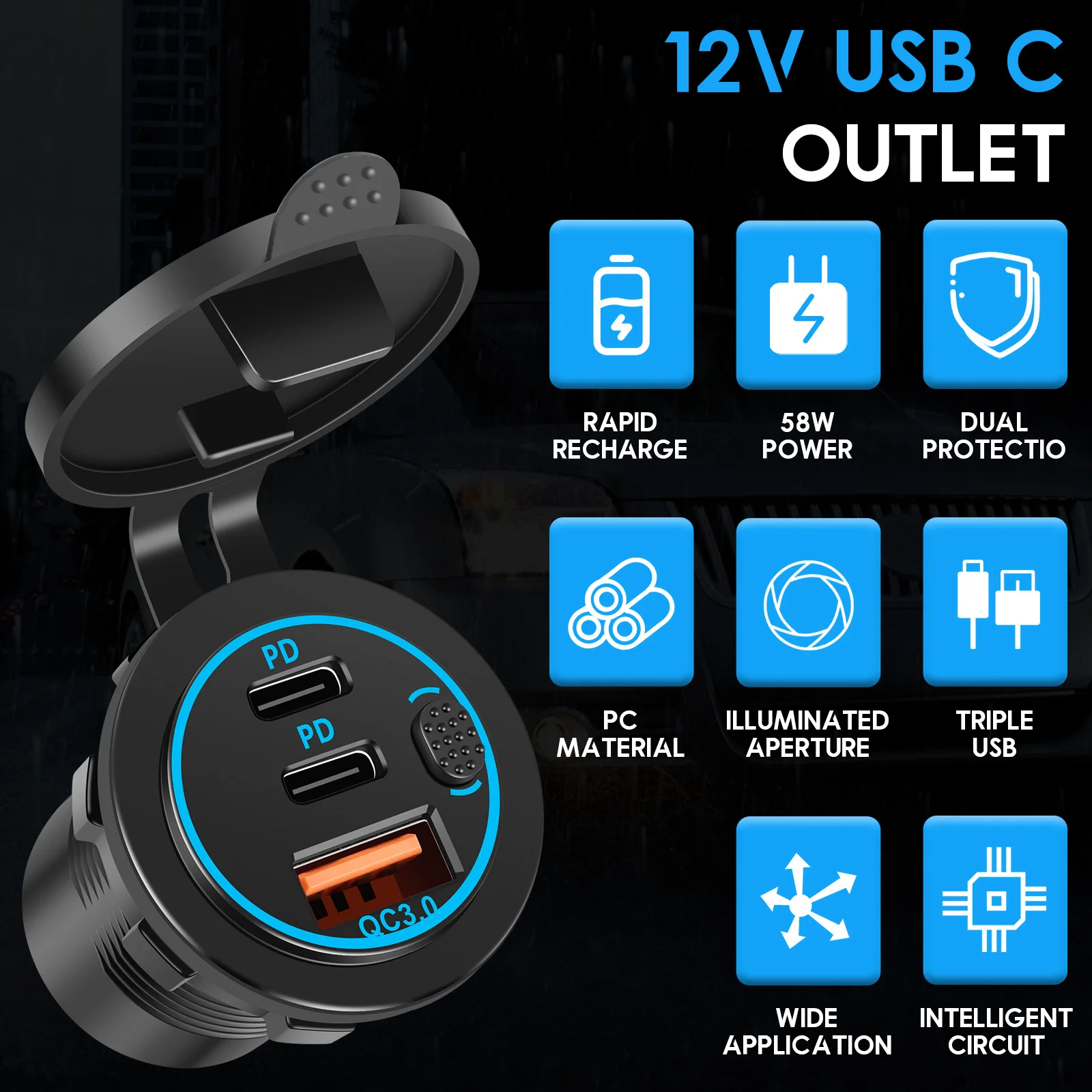 58W USB Car Charger Socket Accessory 12V Charger Car Port Socket with Detachable Waterproof Cover Socket Power Outlet for Car