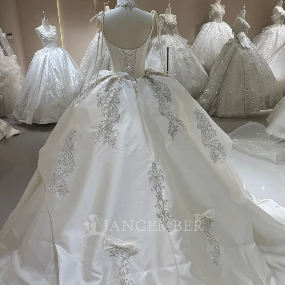 Velvety Wedding Dress Ivory Satin Ball Gown Customized Scoop Neck Beading 3D Flowers Chapel Train vestidos de novia boda