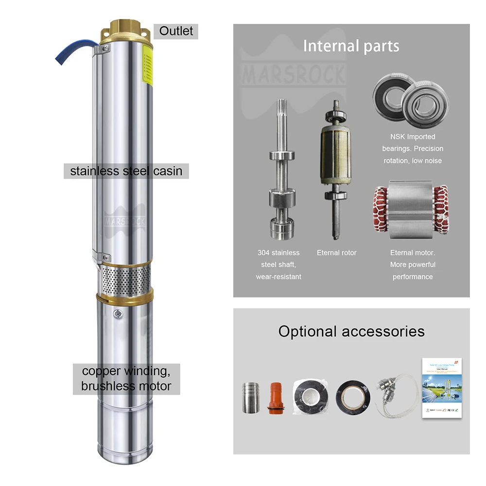 750Watt High Efficiency Solar Pump With MPPT Controller Max Flow 4-5T/H Solar Brushless Stainless Steel Submersible Pump