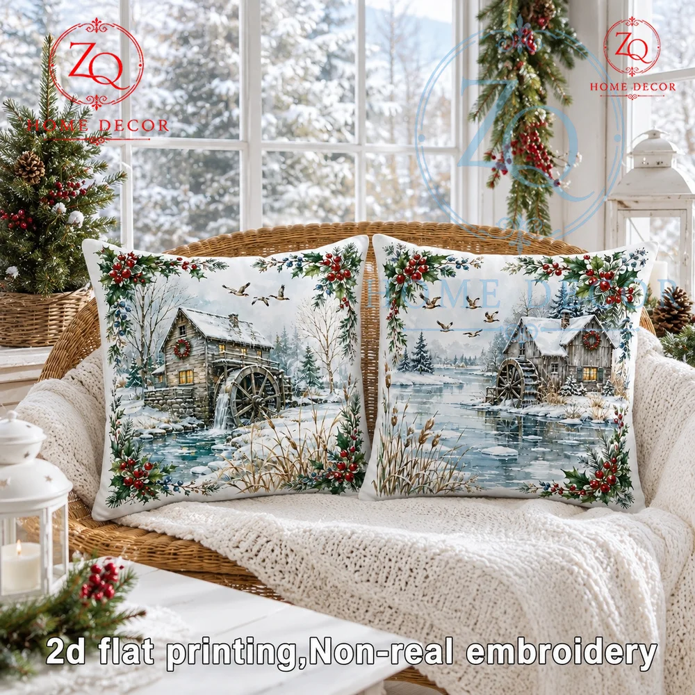 Rustic Winter Watermill Christmas Throw Pillow Cover Festive Holly Berry Holiday Decor  2D Flat Printed Seasonal Cushion Case