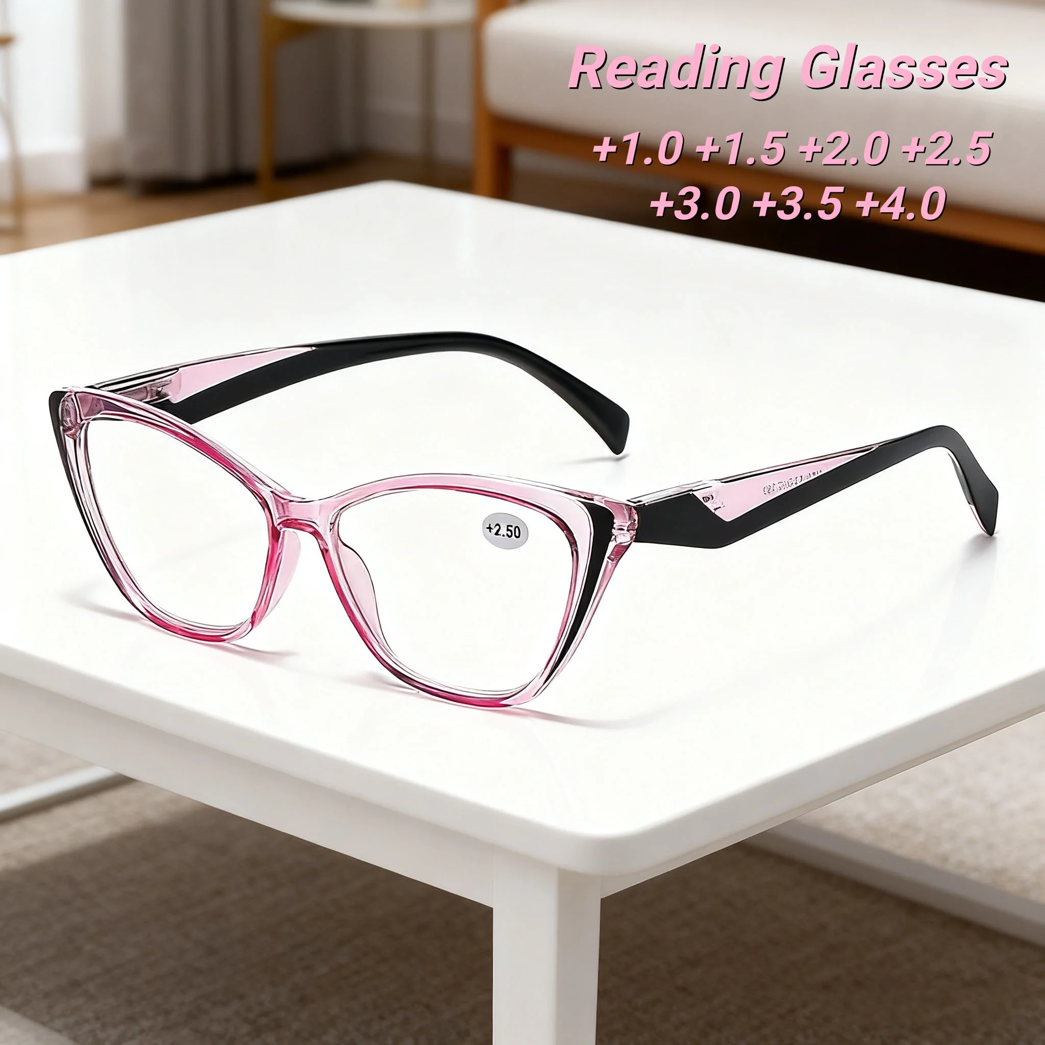 

2025 New Fashionable Cat Eye Reading Glasses Spring Leg Transparent Far Sight Eyeglasses Anti Blue Light Presbyopia Glasses