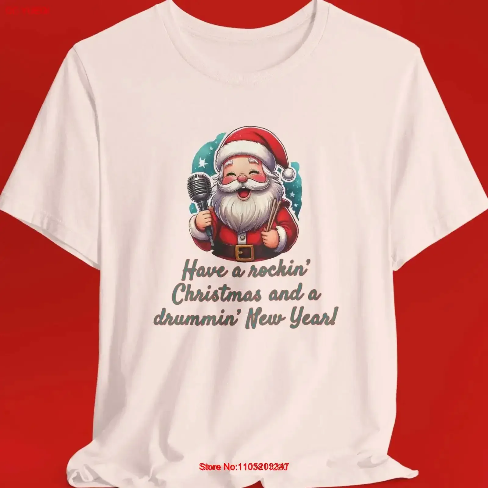 

Christmas Santa Rockin T Shirt Drumming Holiday Microphone Festive Musician Top Claus Drumsticks vintage Washed Soft Breathable