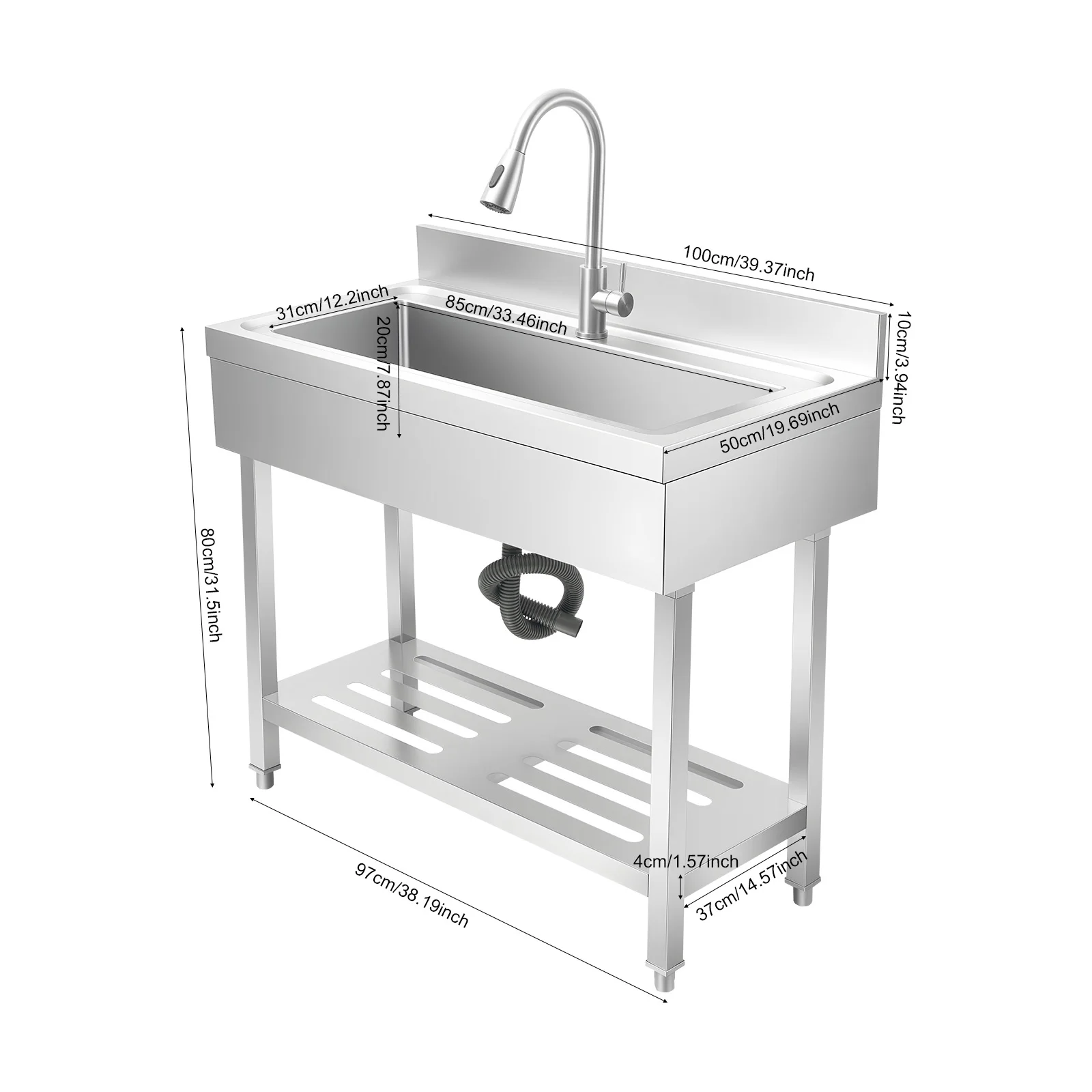 Fregadero de cocina de acero inoxidable Fregaderos comerciales independientes con grifo 39,37*19,69*31,5 pulgadas