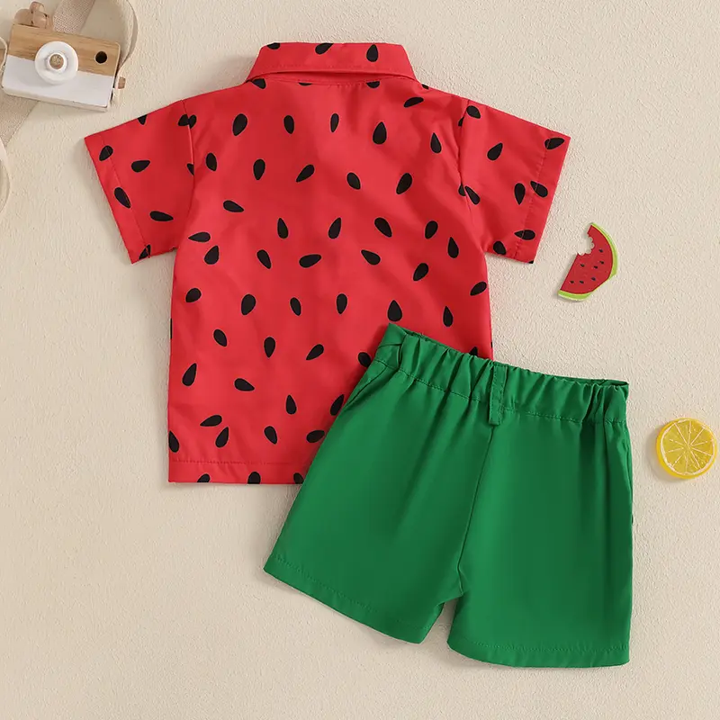 1-4Y Kids Boys Summer Outfits Watermelon Pattern Button Down Turn Down Collar Short Sleeve Shirt with Shorts 2 Pcs Boys Set - Image 2
