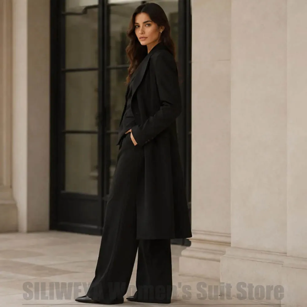 Women Black 3 Piece Suit Set Fashion Long Coat Blazer Vest And Wide Leg Pants Formal Casual Daily Wedding Party Lady Outfit